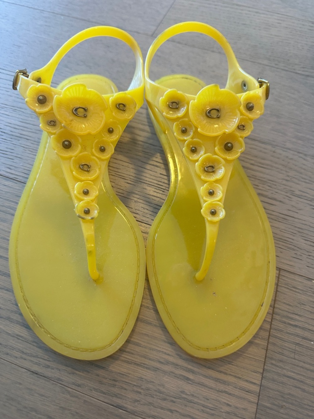 Coach Yellow Floral Jelly T-Strap Sandals